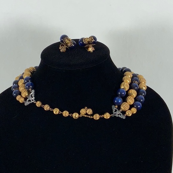 Vintage Bead Necklace Sapphire Blue Moon Glow and Gold - Clip Cluster Earrings - Picture 7 of 14